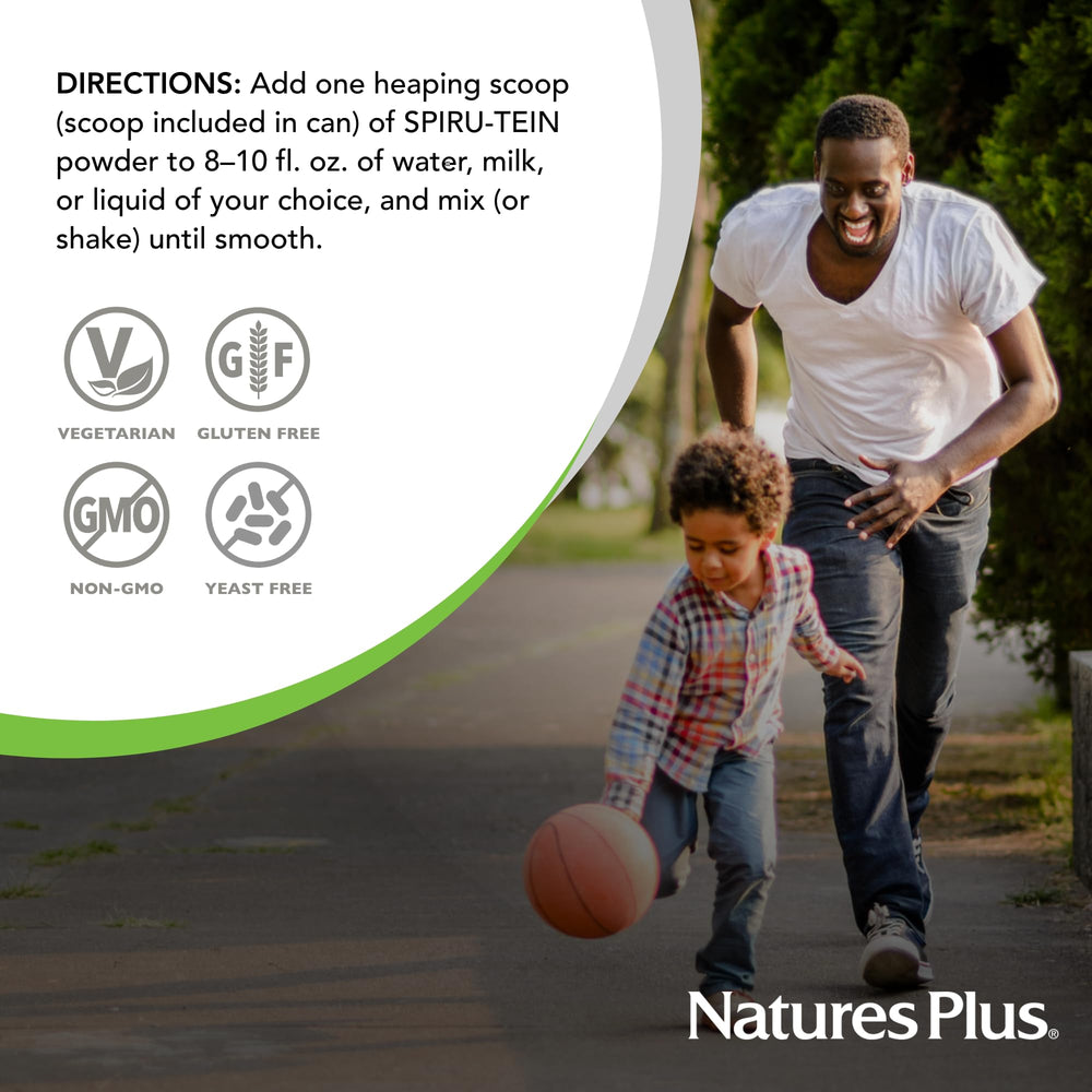 NaturesPlus Spirutein shake serving cup shows 32 servings per container.