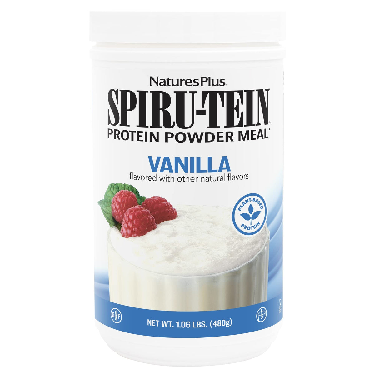NaturesPlus SPIRU-TEIN Vanilla powder in a bottle highlighting plant-based energy