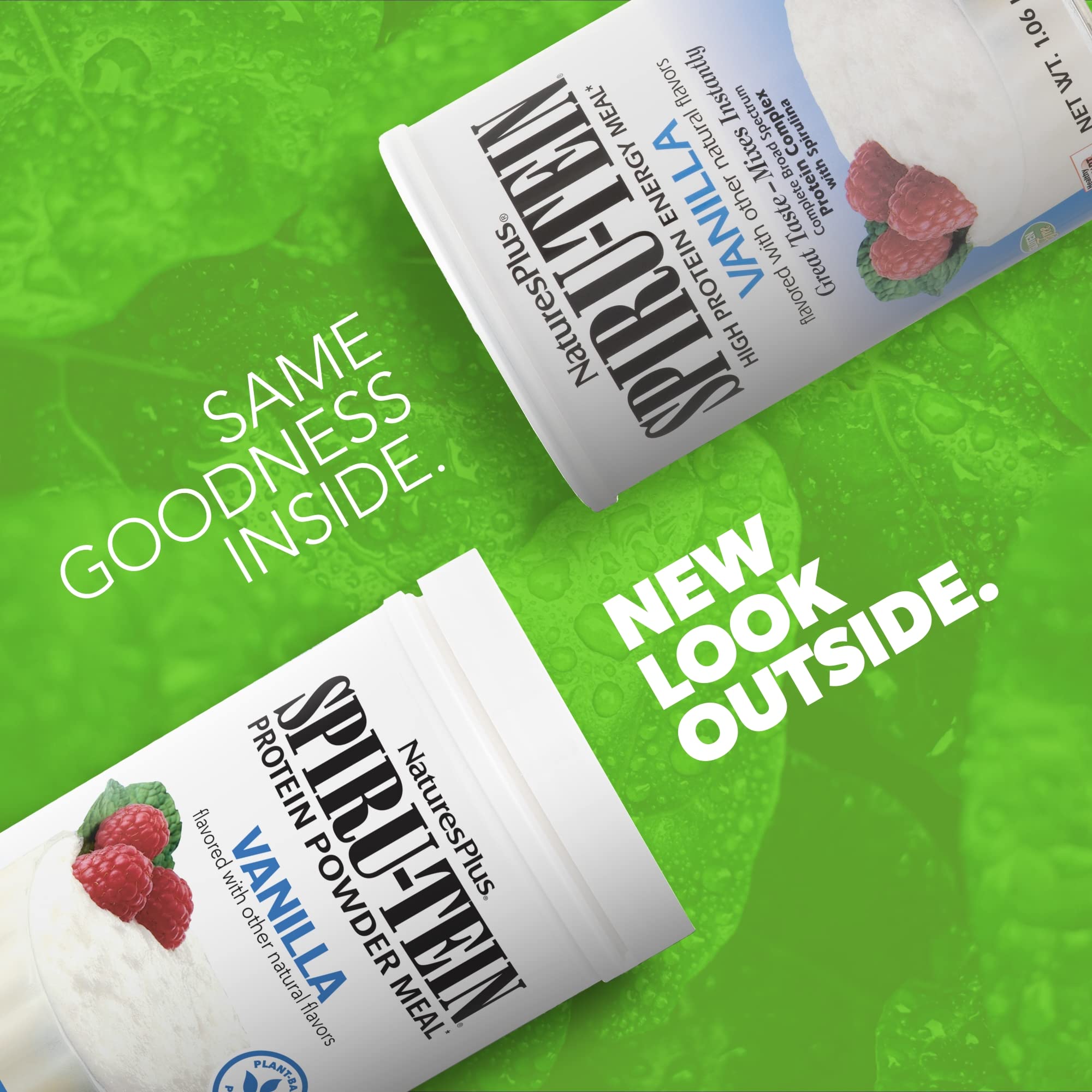 SPIRU-TEIN Vanilla protein scoop showing convenient, gluten-free nutrition for busy mornings