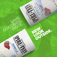 SPIRU-TEIN Vanilla protein scoop showing convenient, gluten-free nutrition for busy mornings
