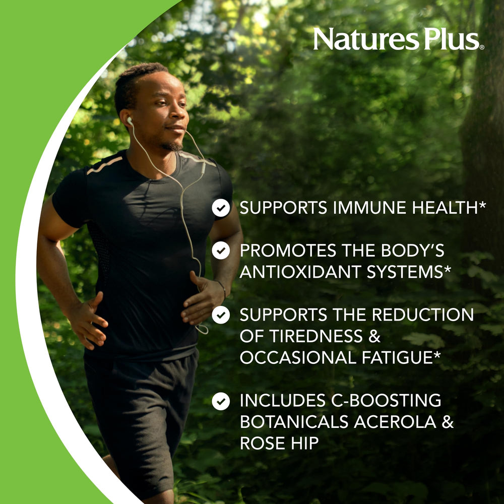 Vegan-friendly icon beside NaturesPlus Super C Complex packaging