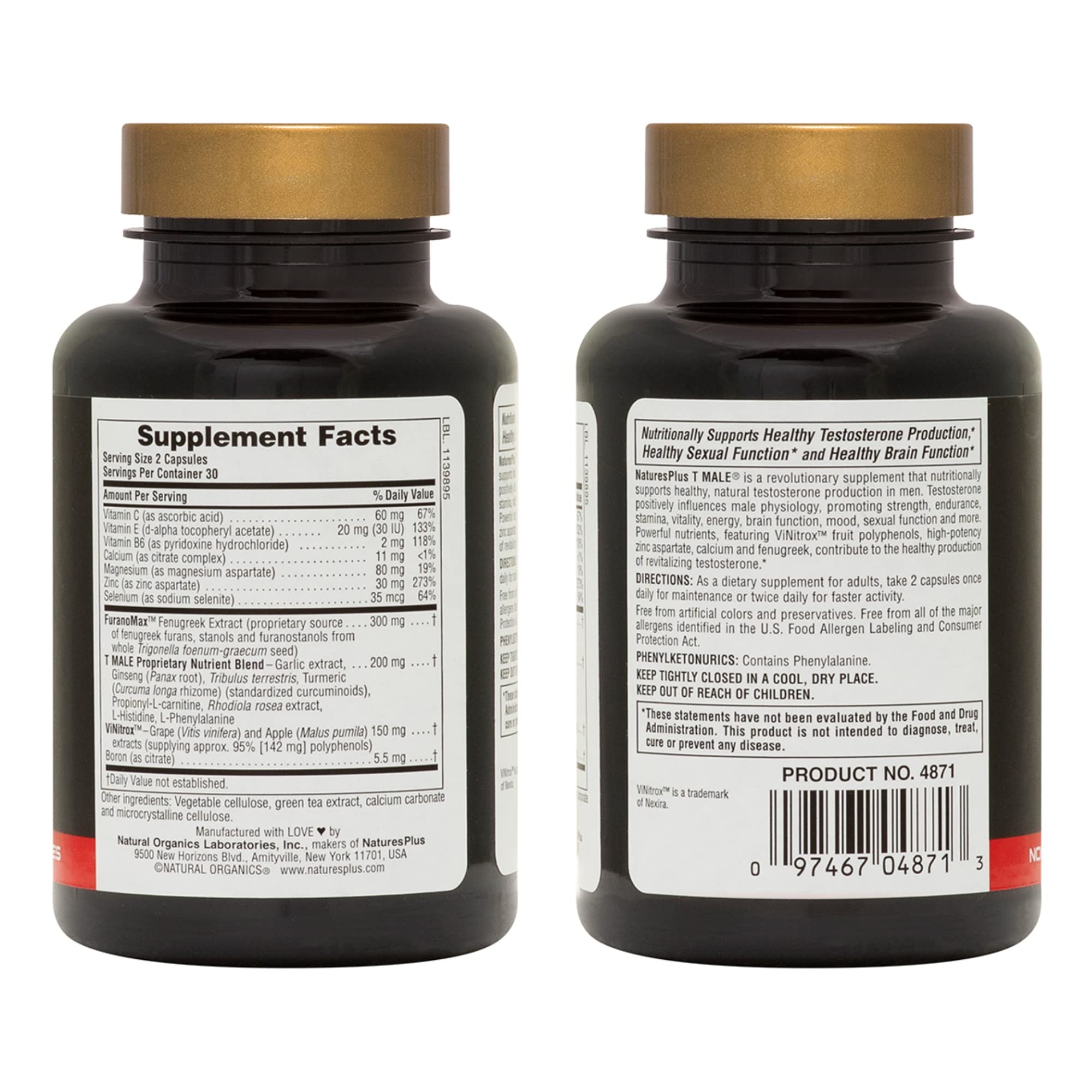 NaturesPlus T Male label close-up highlighting ingredients for daily vitality