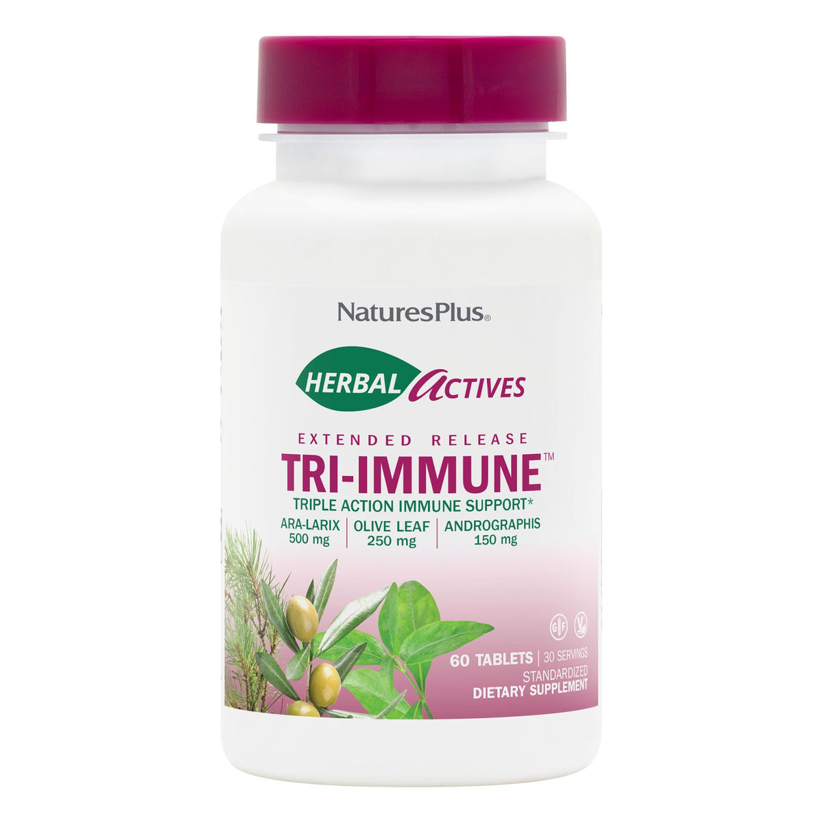 NaturesPlus Tri Immune olive leaf bottle front shows vegan tablets for daily immune support.