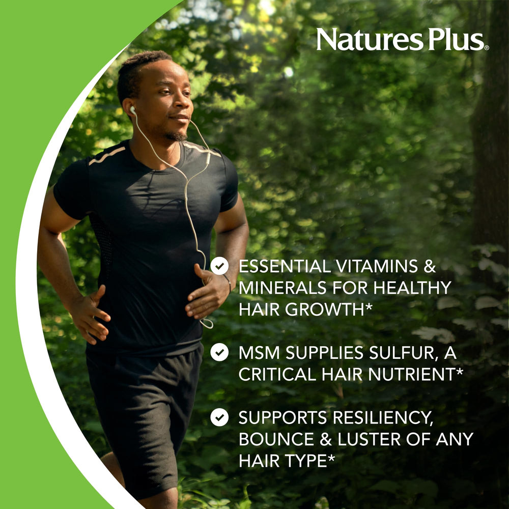 NaturesPlus Ultra Hair nutrition label highlights key ingredients and serving size.
