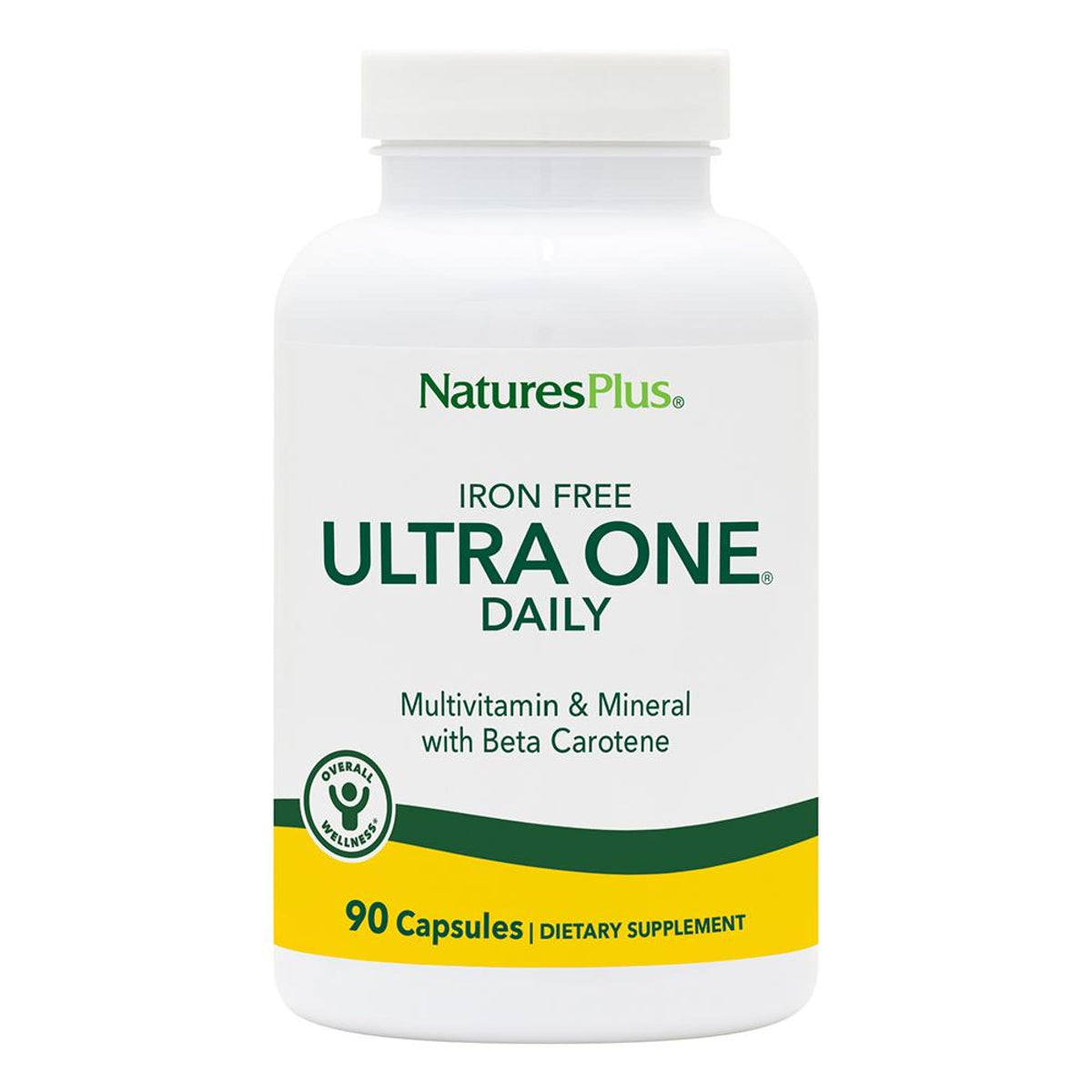 NaturesPlus Ultra One Daily Iron Free bottle with vegan and gluten-free badges.