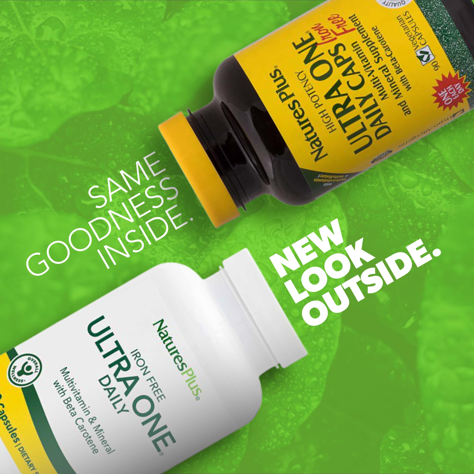 Capsules close-up showing iron-free daily multivitamin for vegan lifestyles by NaturesPlus.