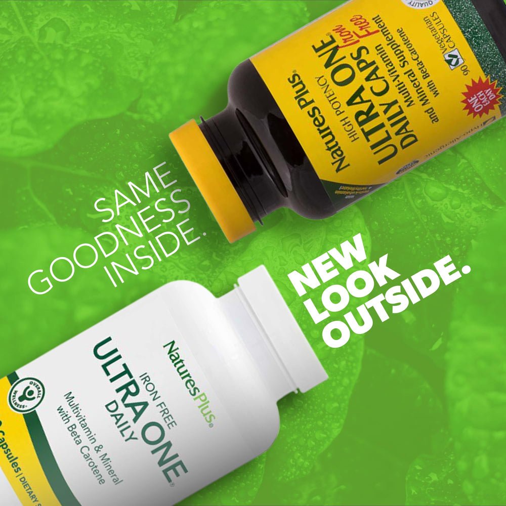 Capsules close-up showing iron-free daily multivitamin for vegan lifestyles by NaturesPlus.
