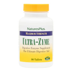 NaturesPlus Ultra-Zyme bottle showing dosage and label for digestive support.