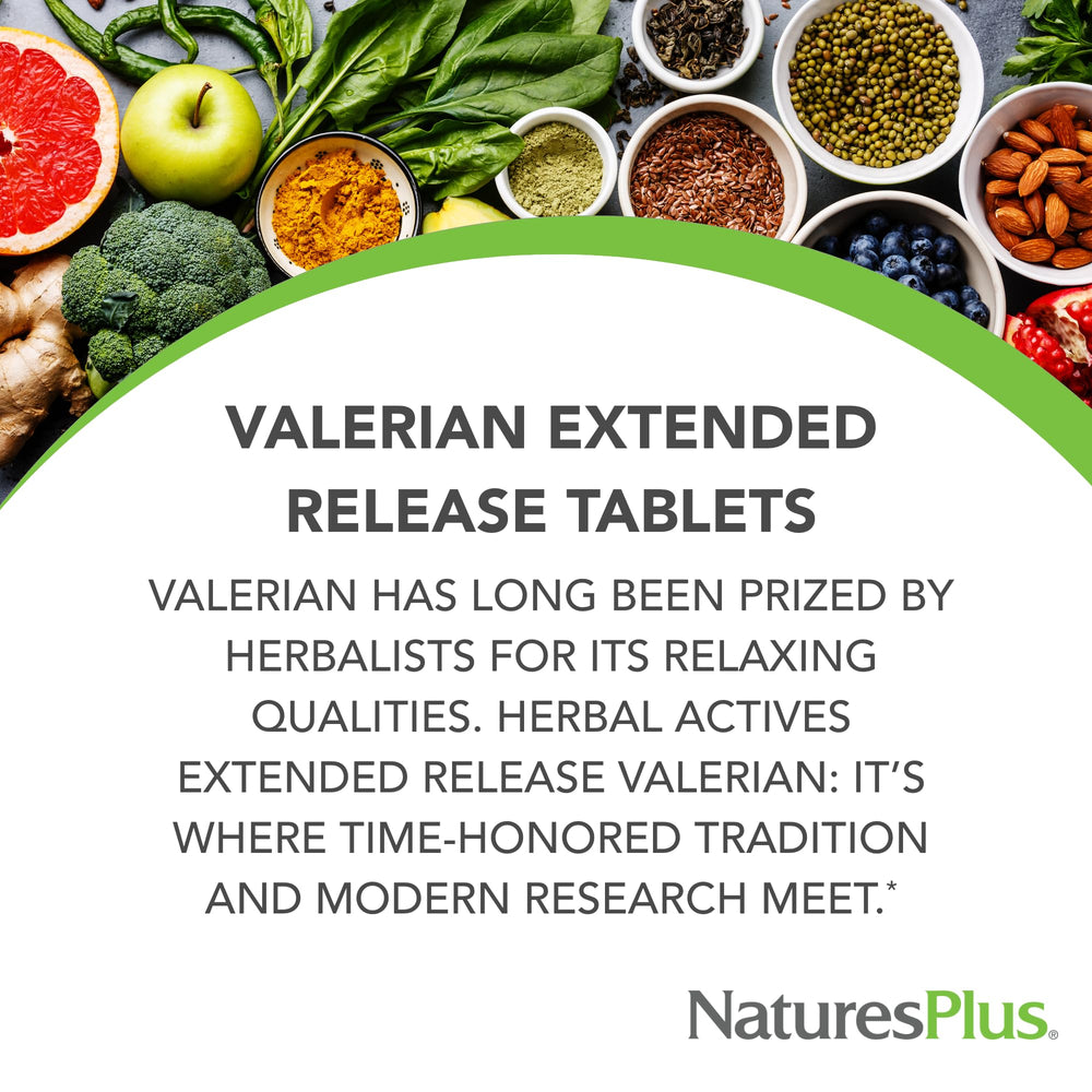 Close-up of NaturesPlus Valerian 600mg extended-release tablet with smooth coating for gentle release.