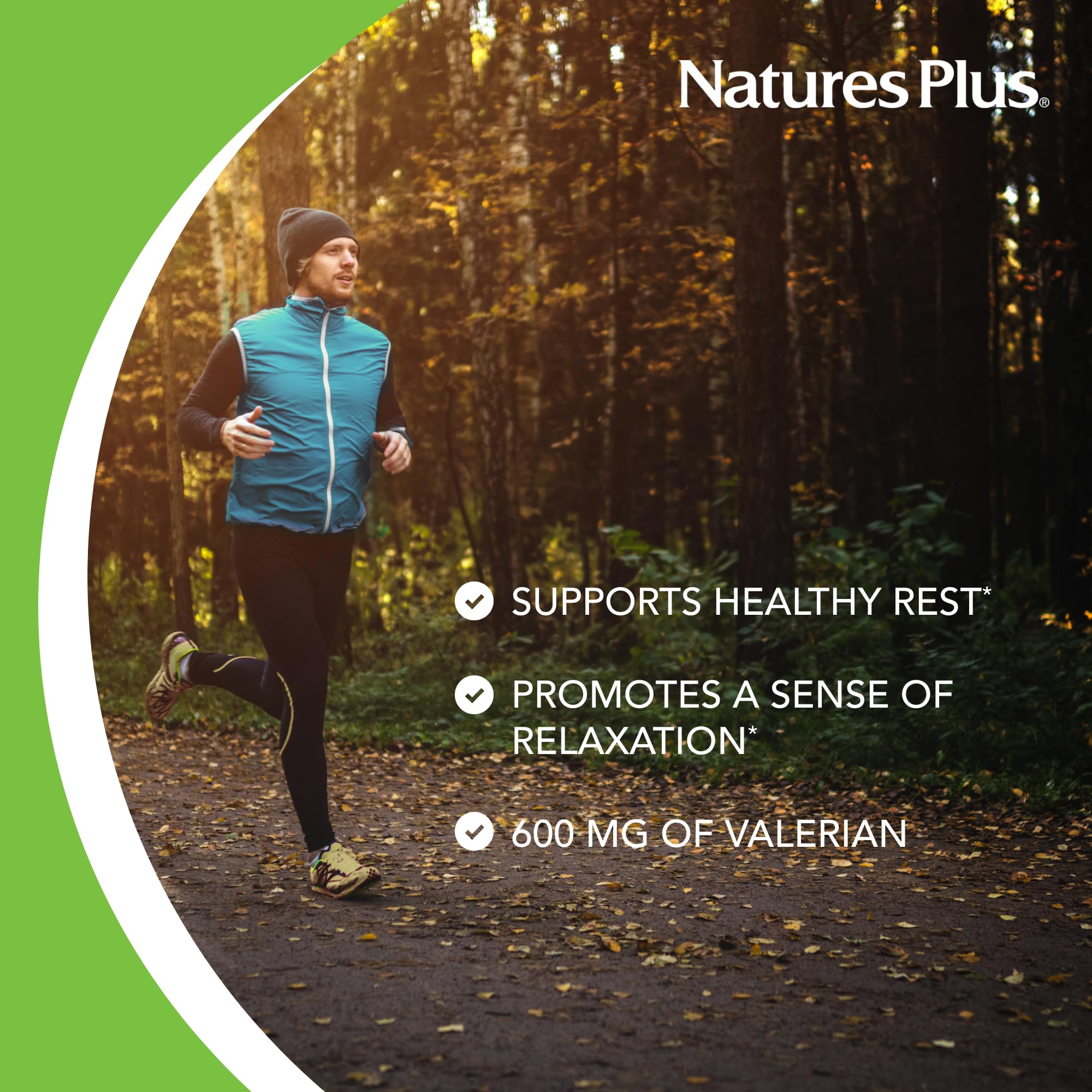 NaturesPlus Herbal Actives Valerian bottle showing gluten-free and vegetarian labeling.
