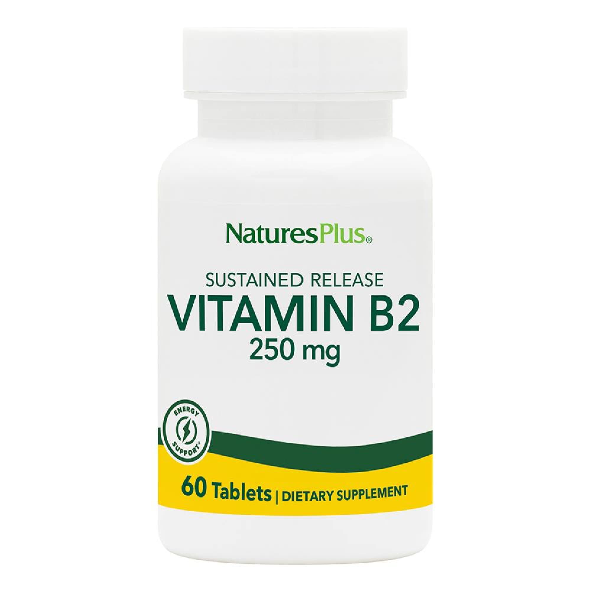 NaturesPlus Vitamin B2 Riboflavin bottle showing sustained-release packaging for steady energy support.