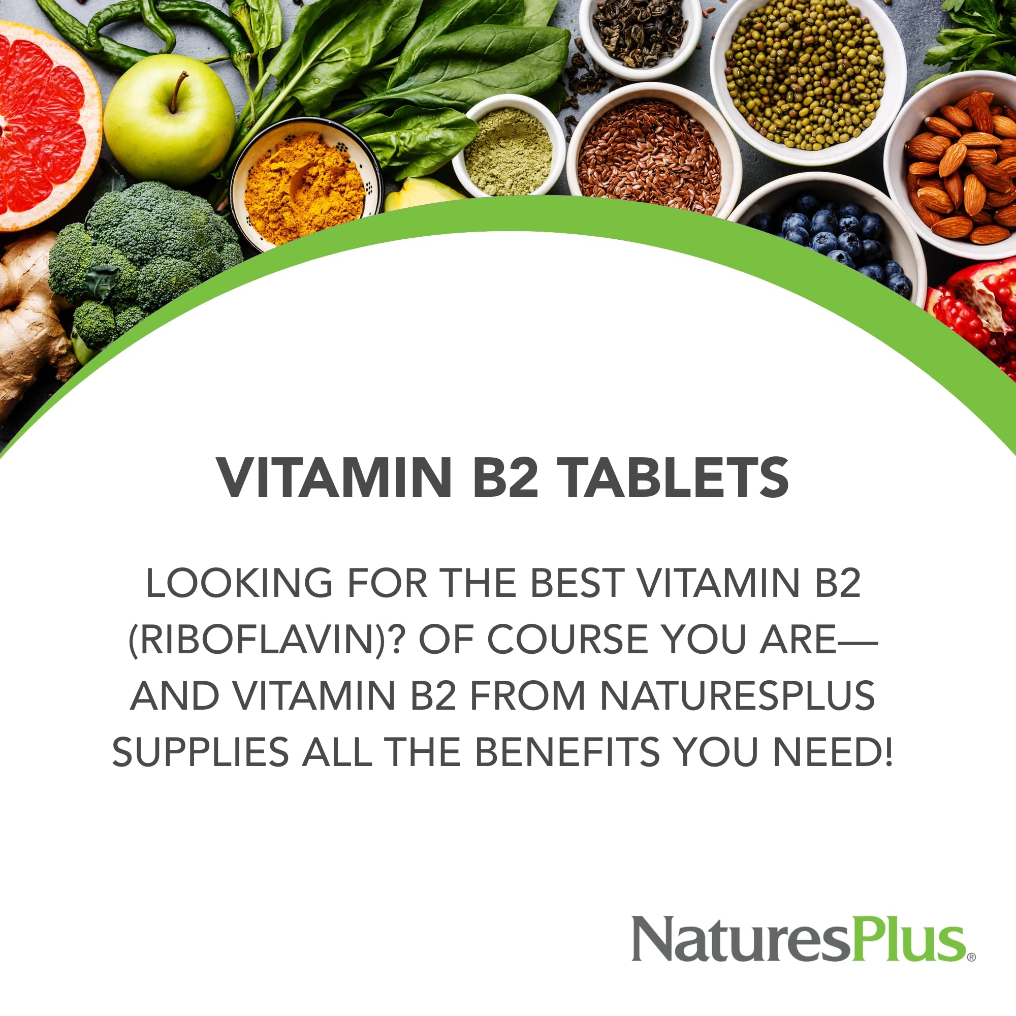 NaturesPlus Vitamin B2 Riboflavin label emphasizing quality standards and clean ingredients.