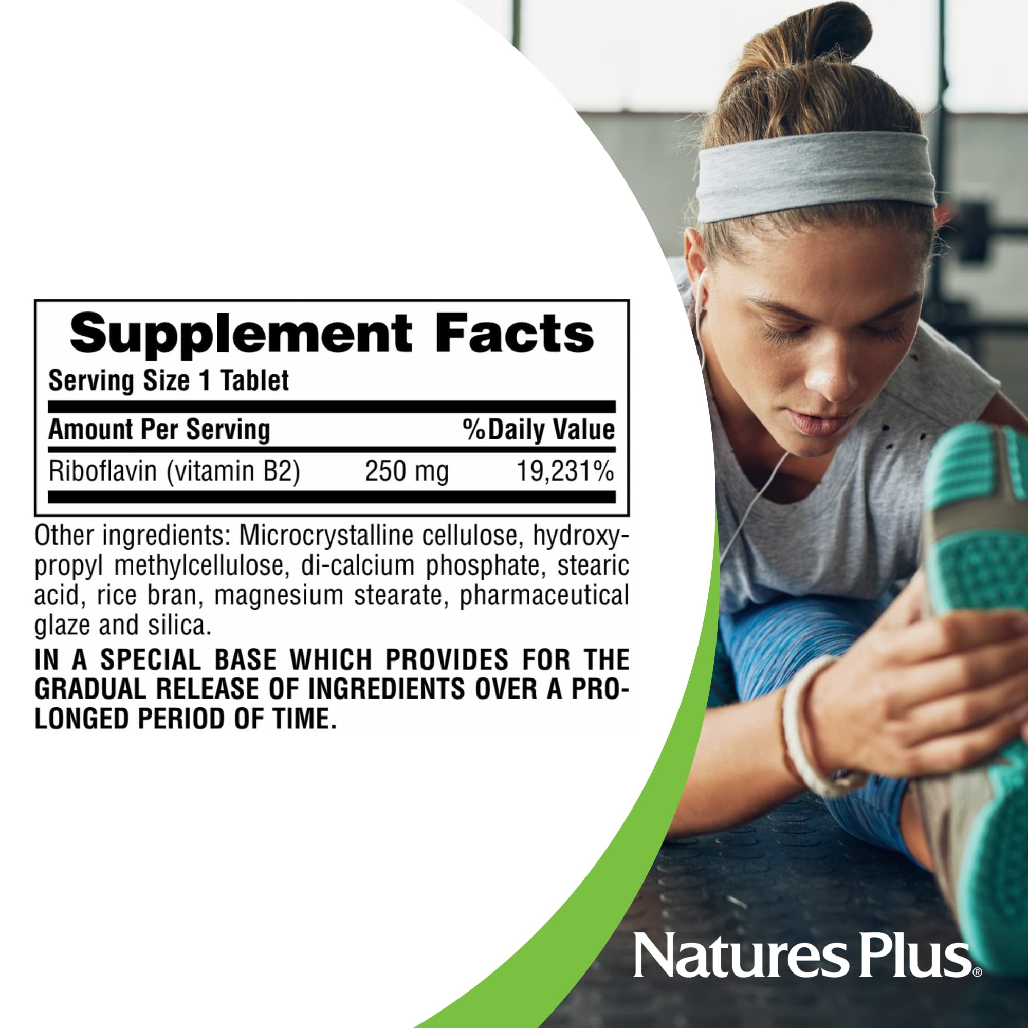 NaturesPlus Vitamin B2 Riboflavin serving demonstrating gradual nutrient delivery.
