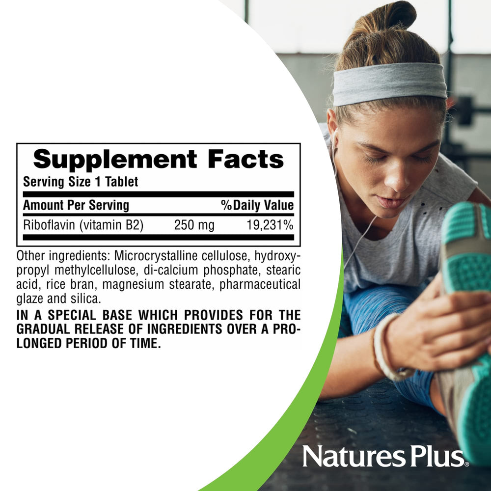 NaturesPlus Vitamin B2 Riboflavin serving demonstrating gradual nutrient delivery.