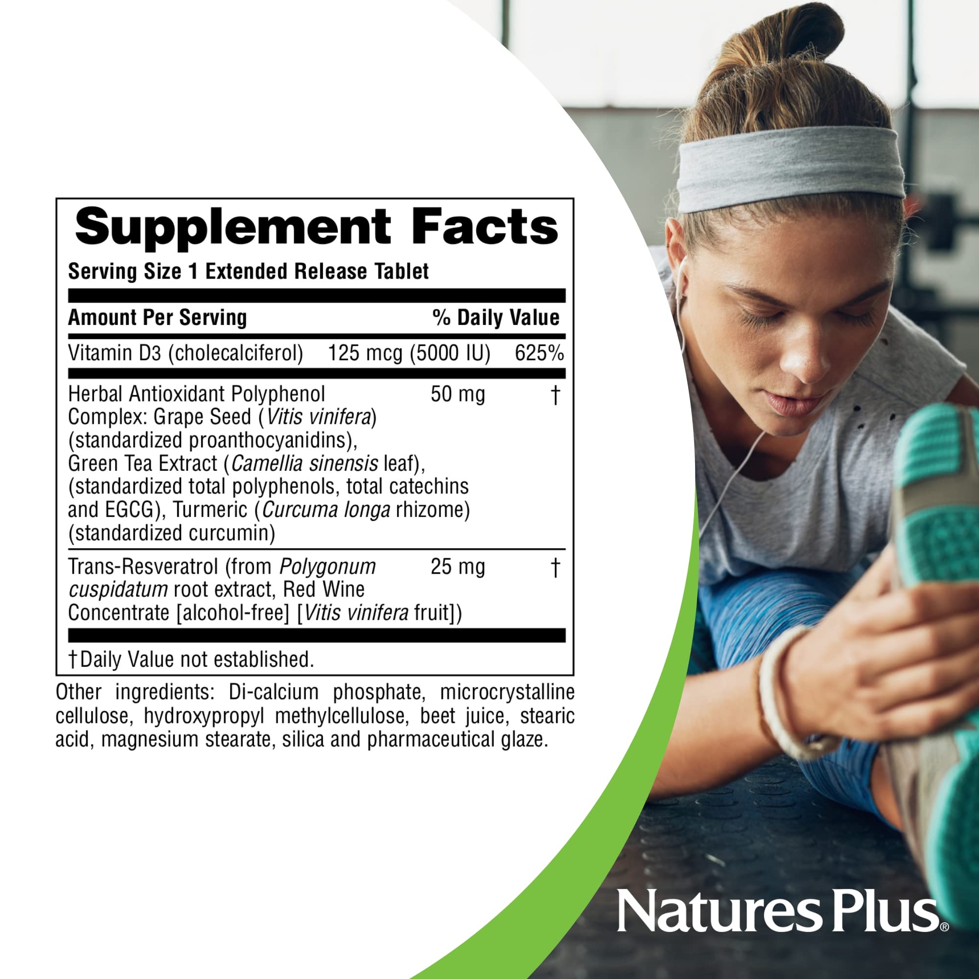 NaturesPlus Vitamin D3 bottle with gluten-free and Prop 65 compliance marks