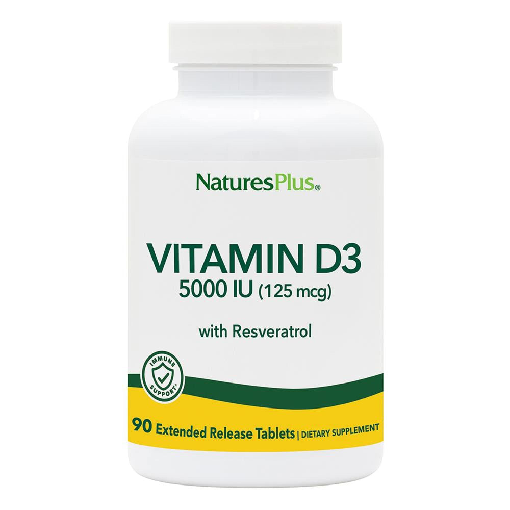 NaturesPlus Vitamin D3 extended-release bottle showing 5000 IU potency for immune support
