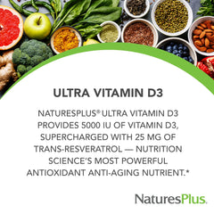 NaturesPlus Vitamin D3 label close-up noting gluten-free and hypoallergenic formula