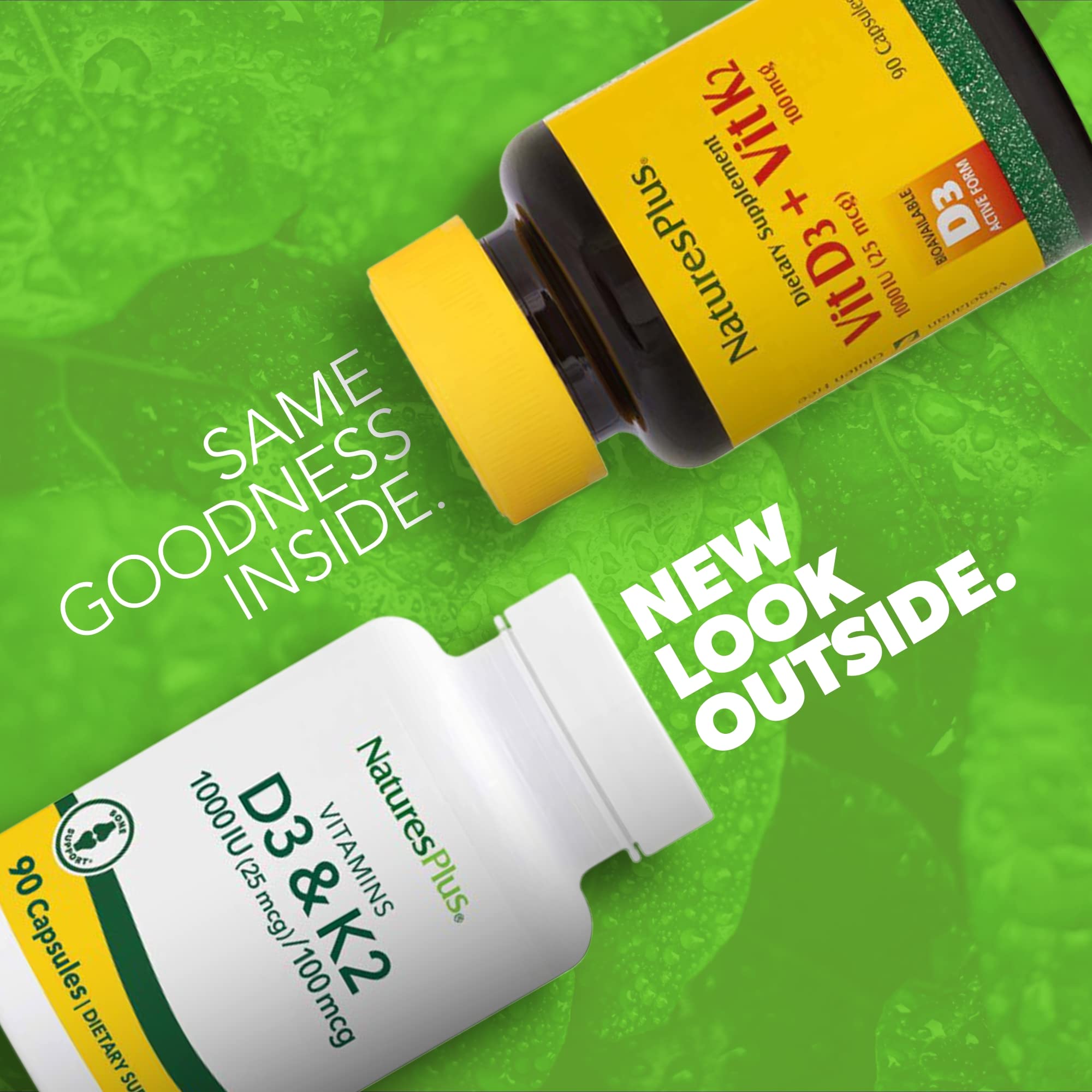 NaturesPlus D3 K2 bottle label back shows ingredients and gluten free note.