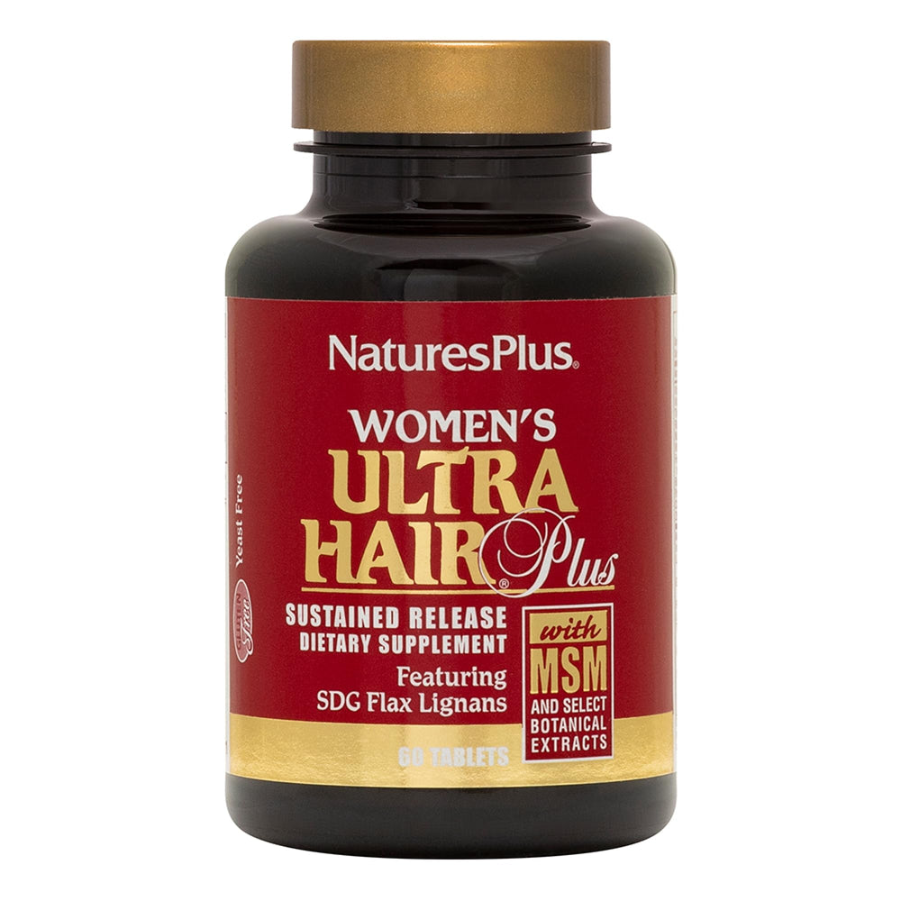 NaturesPlus Women’s Ultra Hair Plus bottle highlighting gluten-free formula for hair support.