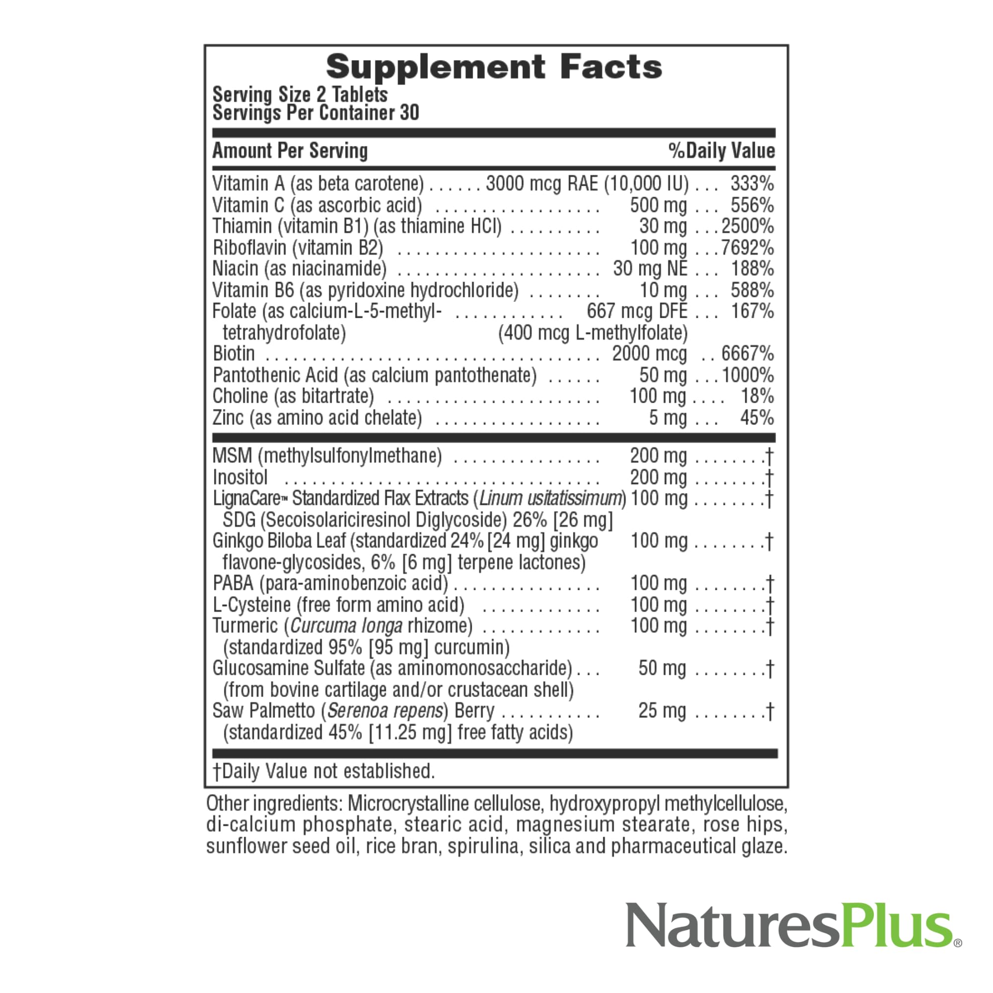 NaturesPlus Women's Ultra Hair Plus supplement facts label emphasizes sustained release.