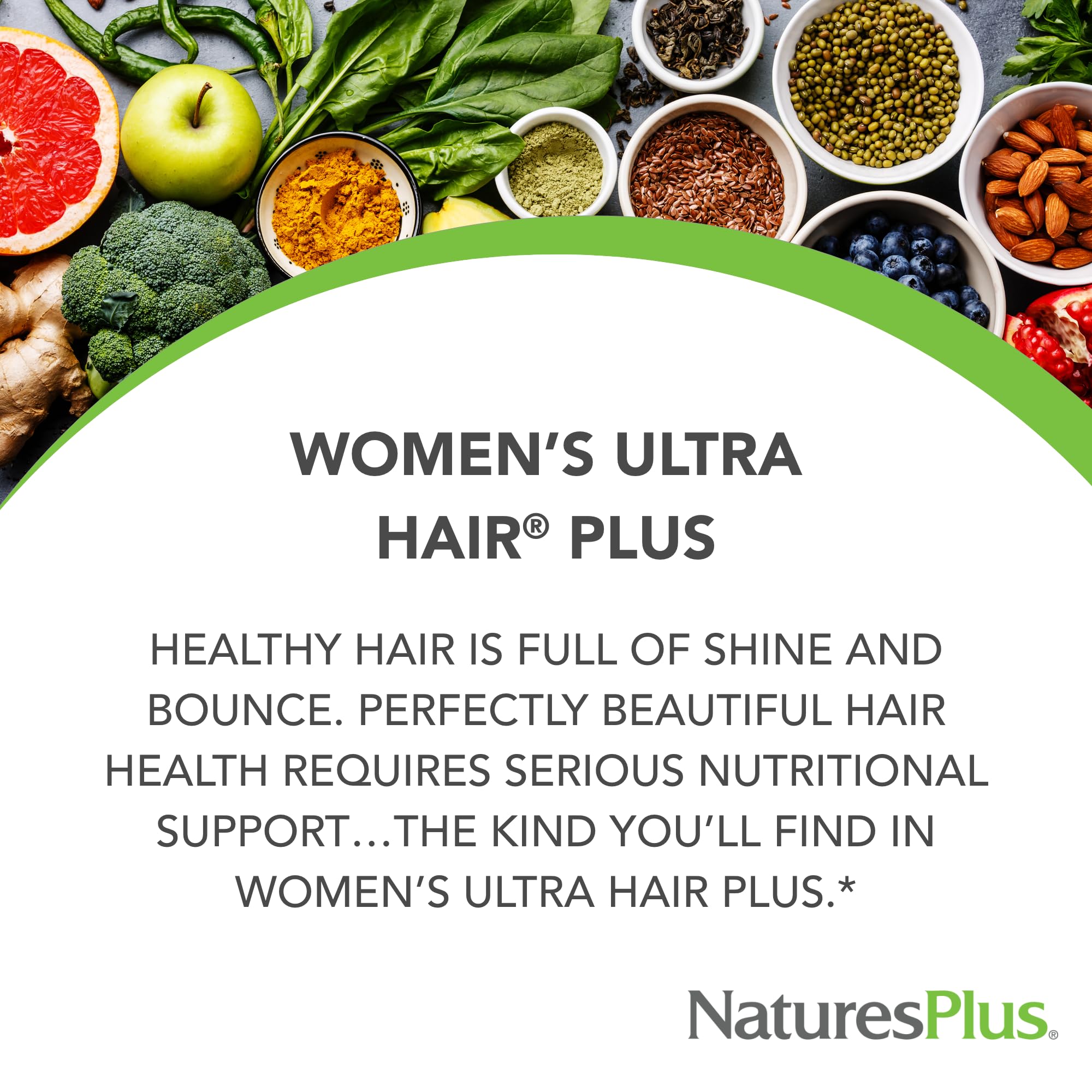 NaturesPlus Women's Ultra Hair Plus tablets close-up for convenient daily use.