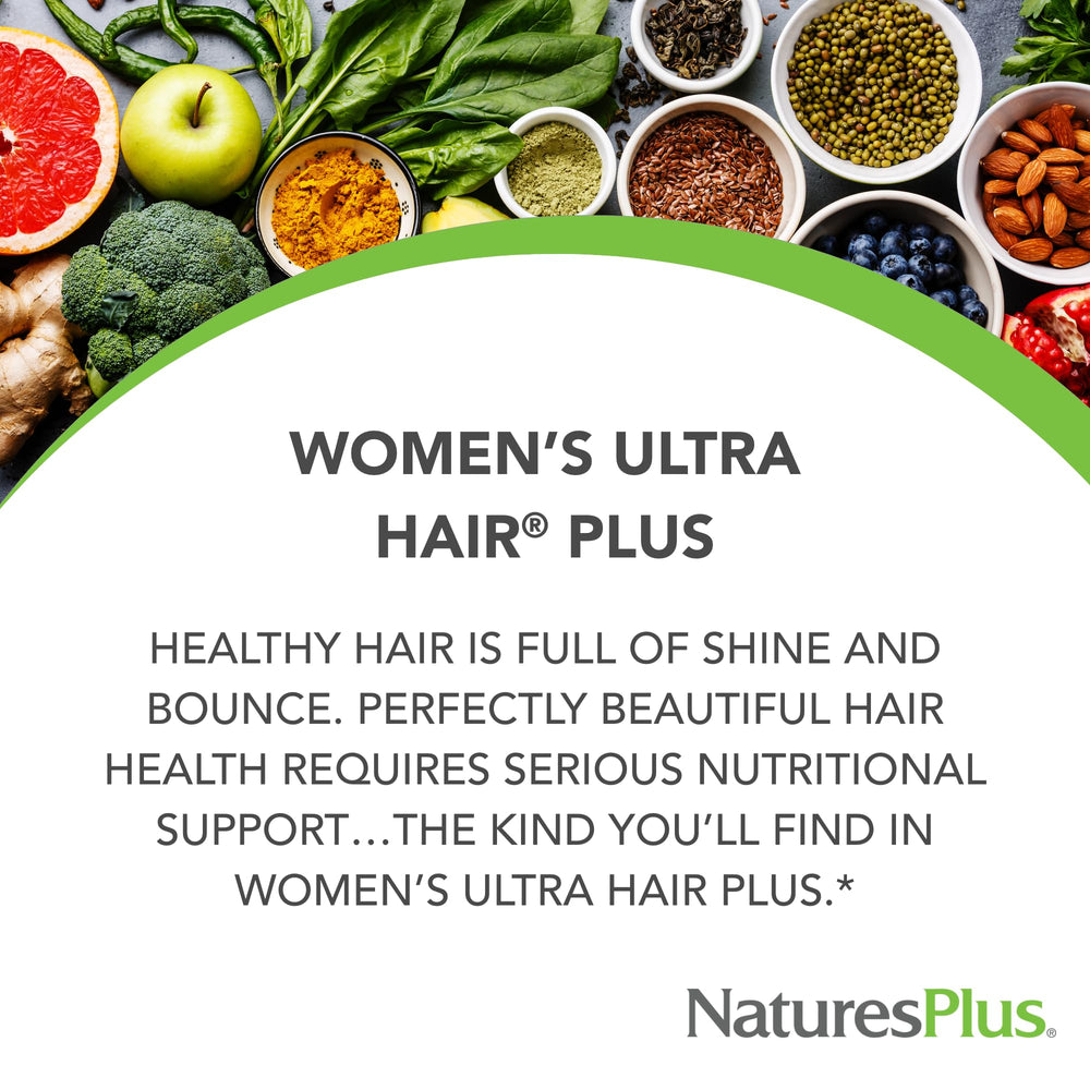 NaturesPlus Women's Ultra Hair Plus tablets close-up for convenient daily use.