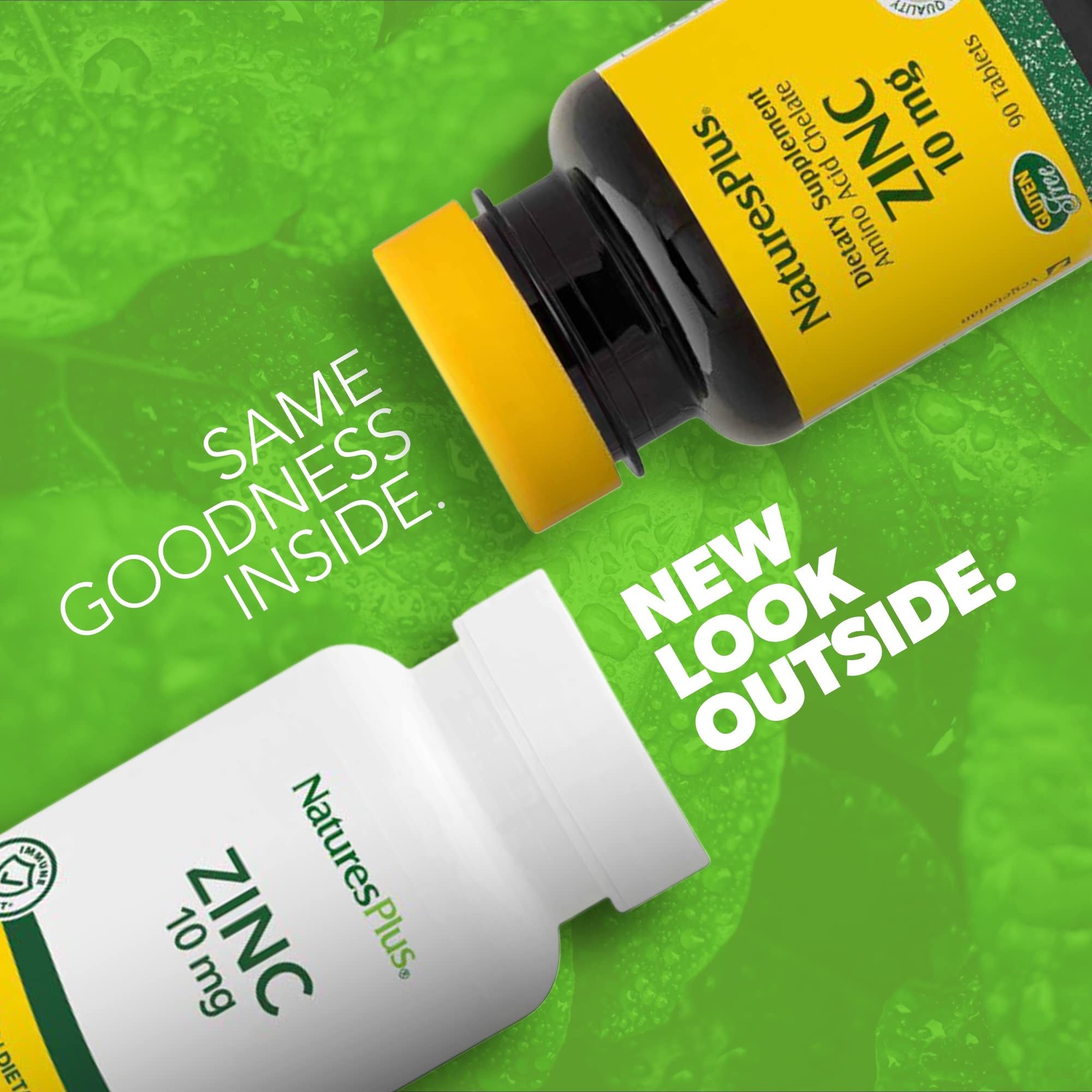 NaturesPlus Zinc 10 mg bottle label highlights high-potency chelate form.