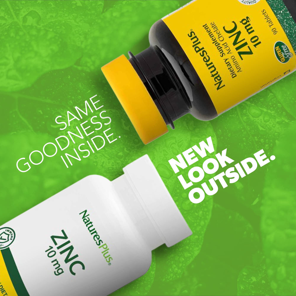 NaturesPlus Zinc 10 mg bottle label highlights high-potency chelate form.