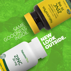 NaturesPlus Zinc 30 mg bottle closeup highlights amino acid chelate for absorption.