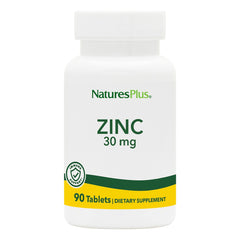 NaturesPlus Zinc 30 mg packaging shows gluten-free vegetarian formula for daily use.