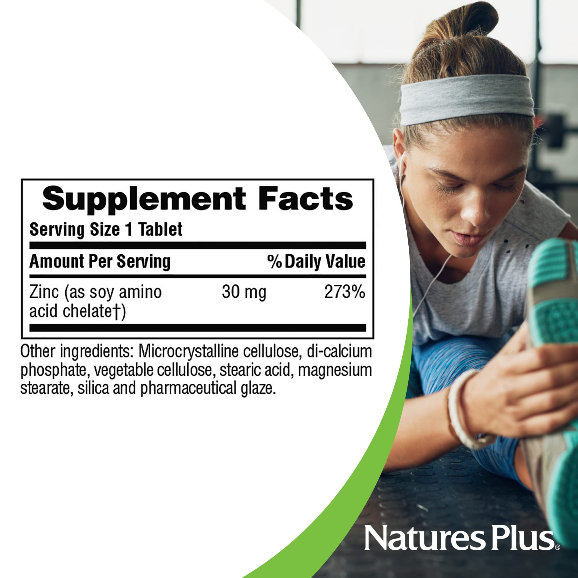 NaturesPlus Zinc 30 mg vegan-vegetarian icon focuses on plant-based supplement.