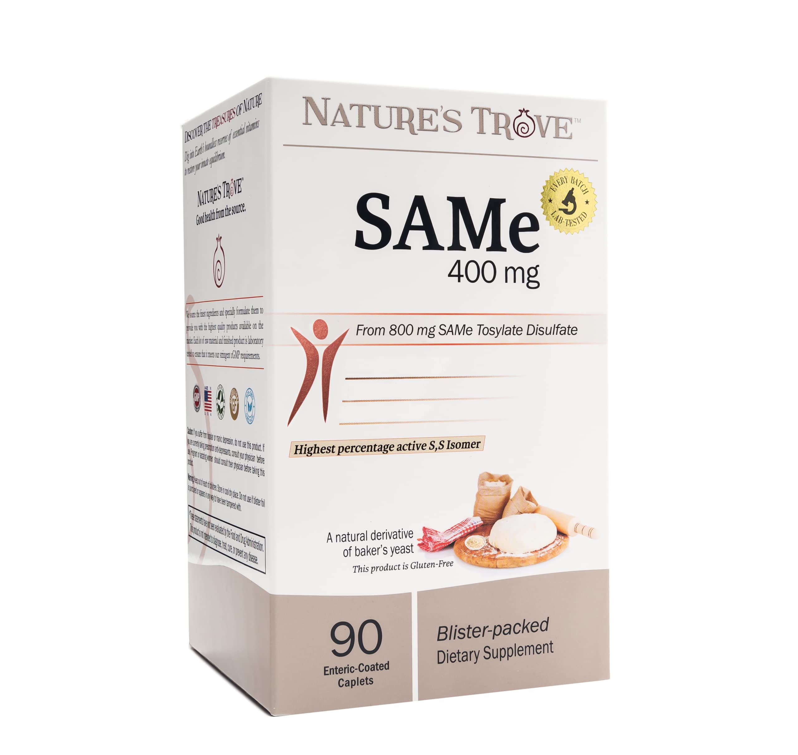 Nature's Trove SAM-e 400mg bottle with enteric-coated caplets for absorption.
