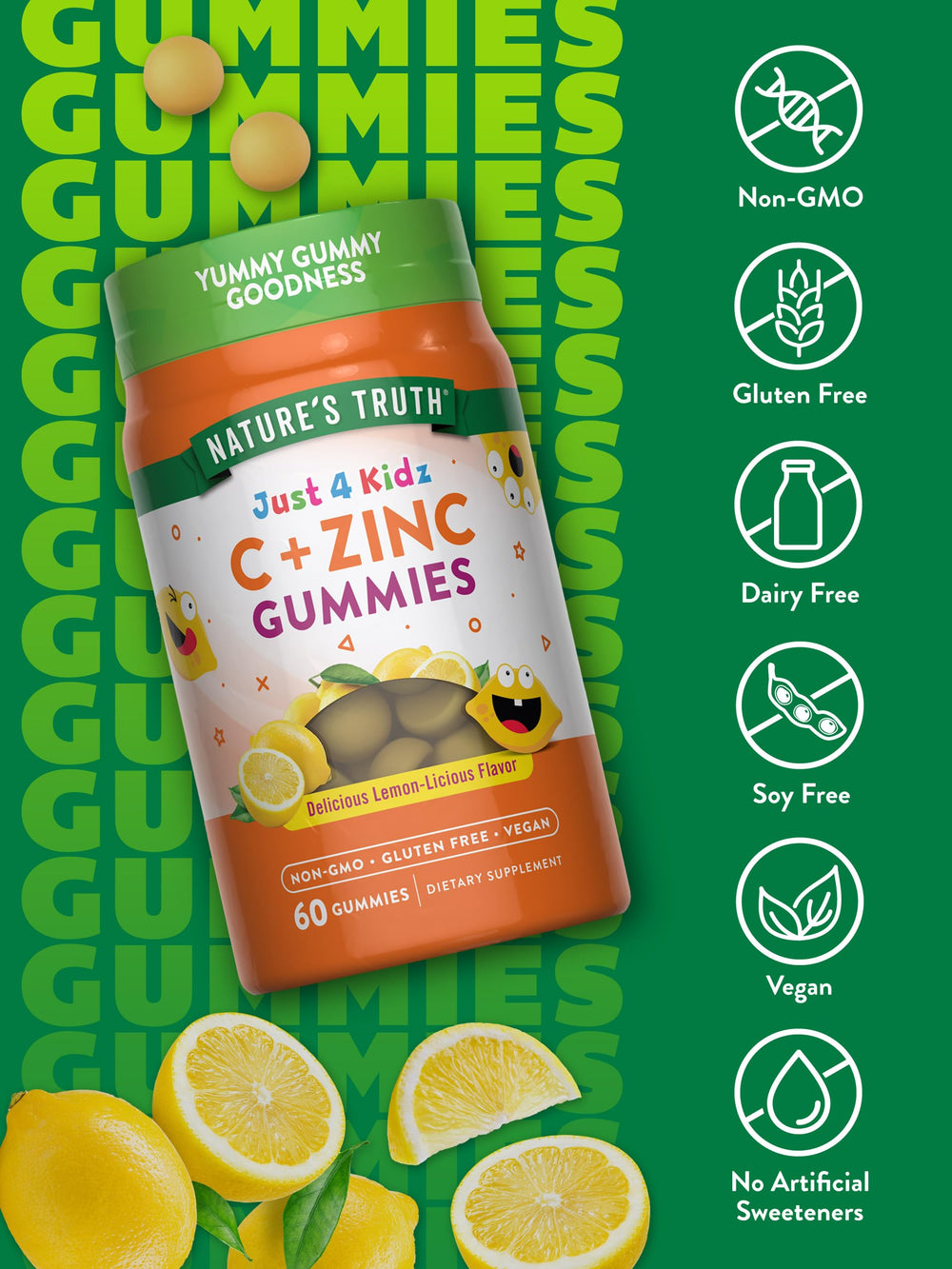 Nature's Truth Vitamin C Gummies for Kids lemon flavor icon shows kid-friendly daily vitamin option.
