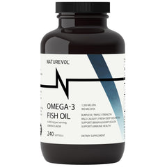NatureVOL triple-strength omega-3 bottle pour highlights high potency daily support