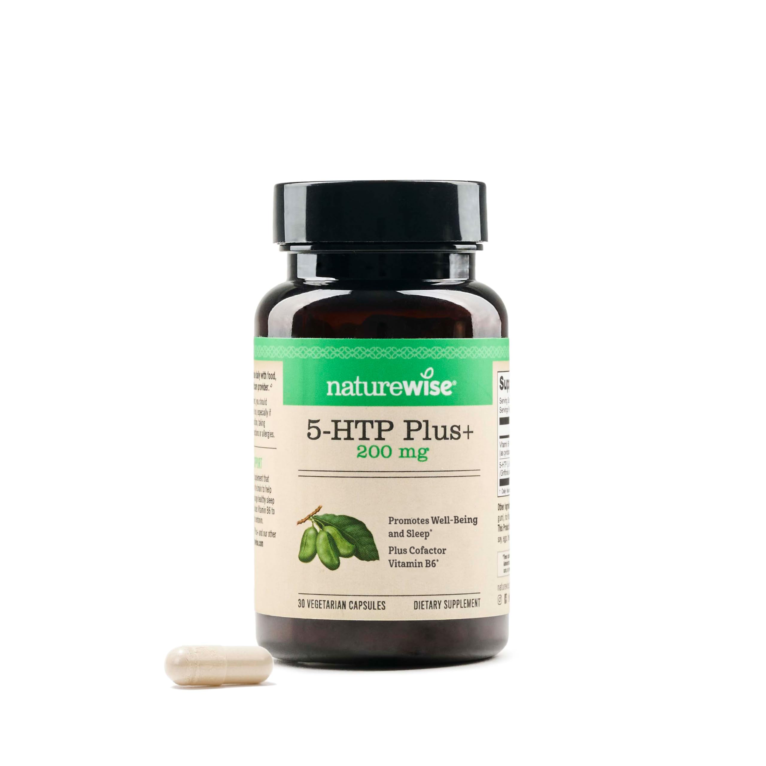 NatureWise 5-HTP bottle front signaling vegan mood support.