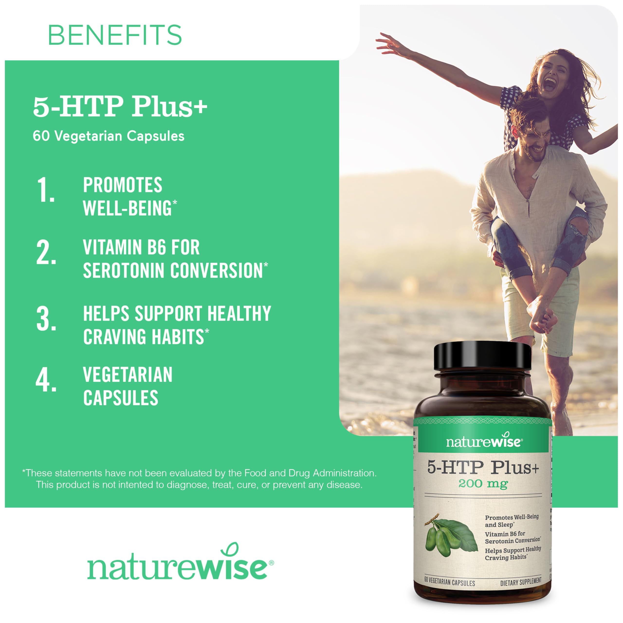 Closeup of NatureWise 5-HTP capsules highlighting plant-based sleep support.