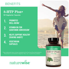 Closeup of NatureWise 5-HTP capsules highlighting plant-based sleep support.