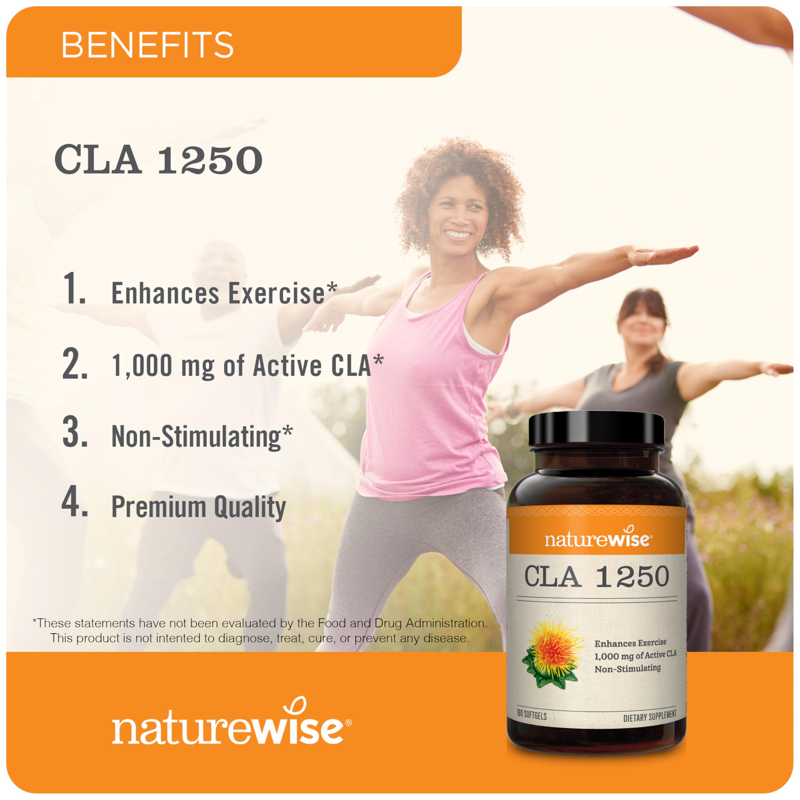 Closeup of NatureWise CLA 1250 bottle label with active CLA content