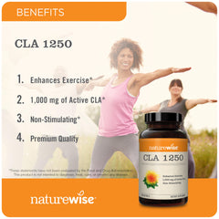Closeup of NatureWise CLA 1250 bottle label with active CLA content