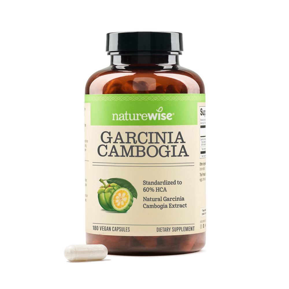NatureWise Garcinia Cambogia bottle front shows vegan, gluten-free formula with 60% HCA potency for weight goals