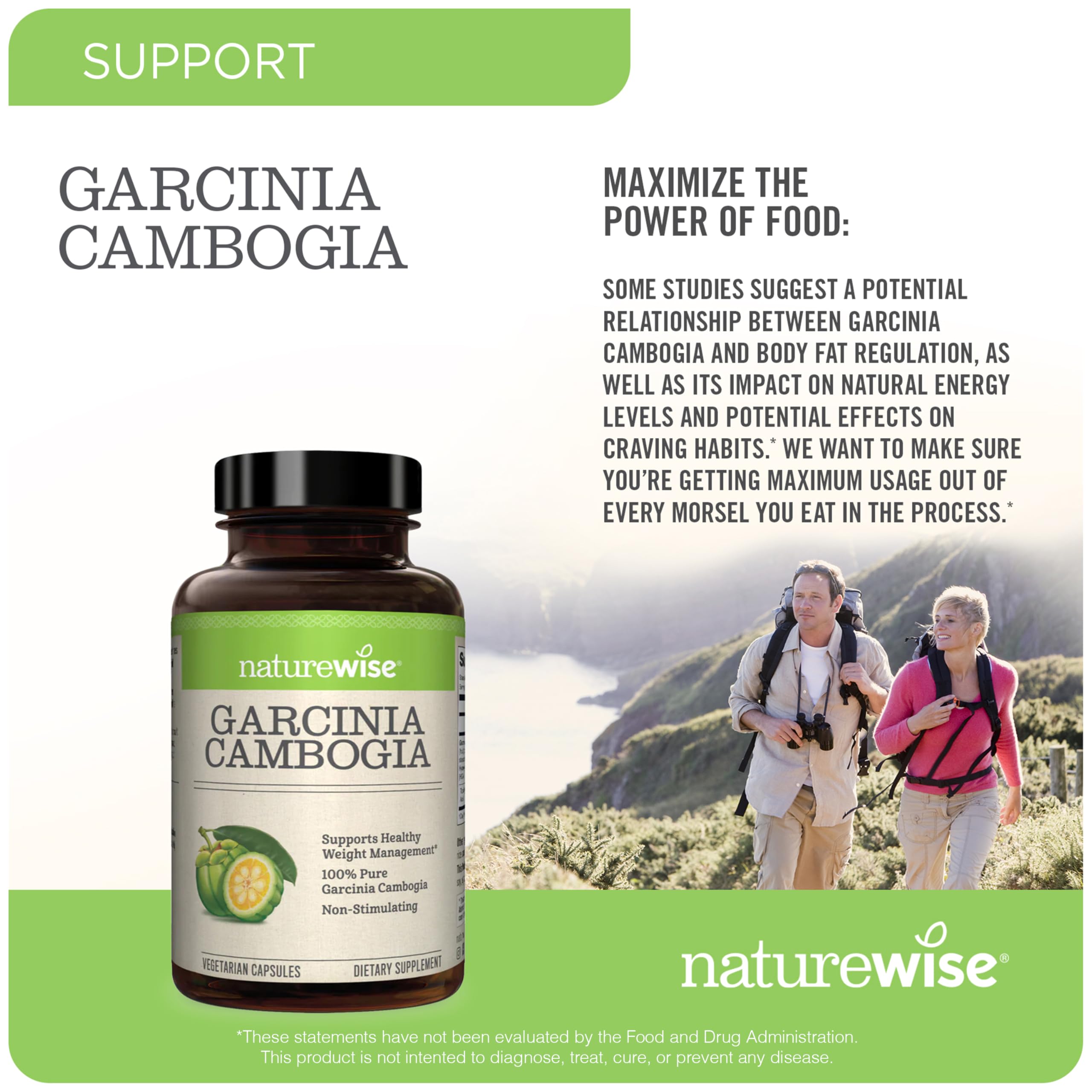 Label graphic on NatureWise Garcinia Cambogia emphasizing 60% HCA potency and vegan-friendly formula