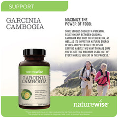 Label graphic on NatureWise Garcinia Cambogia emphasizing 60% HCA potency and vegan-friendly formula