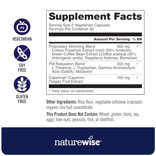 NatureWise NightTime Fitness label close-up features cayenne and green coffee bean ingredients for evening energy balance.