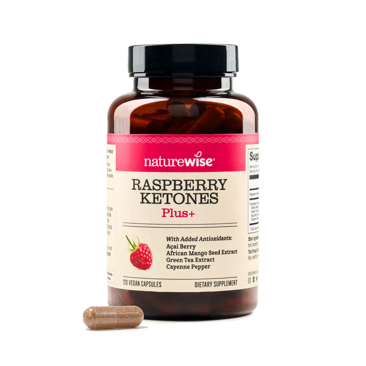 NatureWise Raspberry Ketones Plus bottle and cap for easy daily energy support