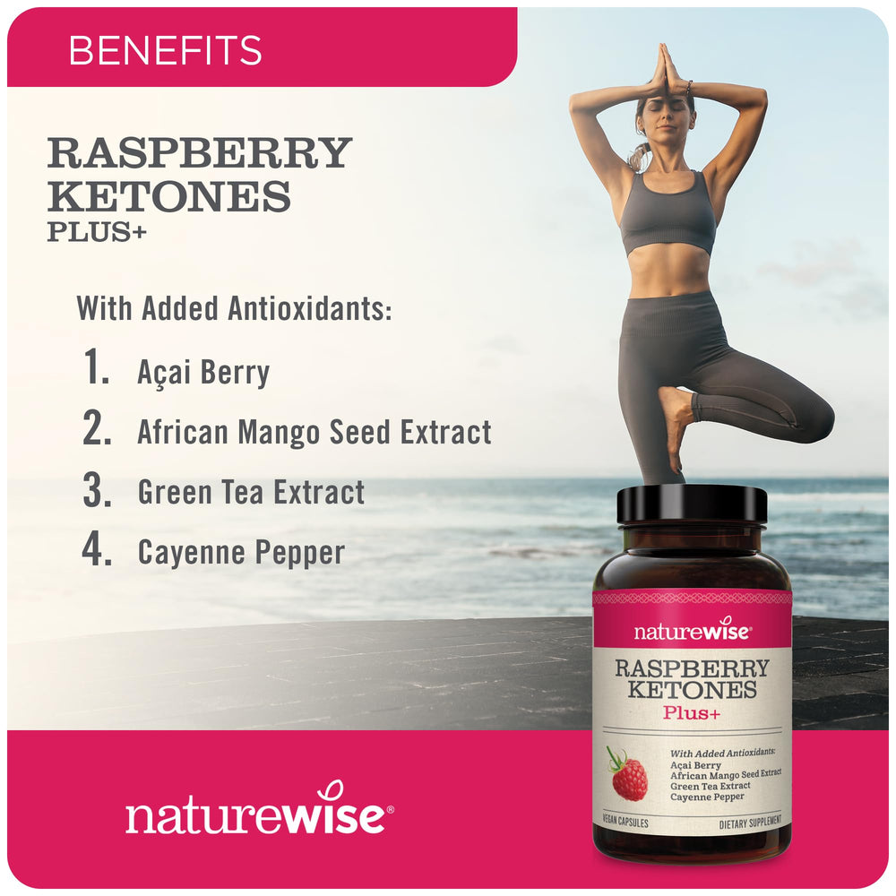 NatureWise Raspberry Ketones Plus bottle label shows vegan and gluten-free credentials