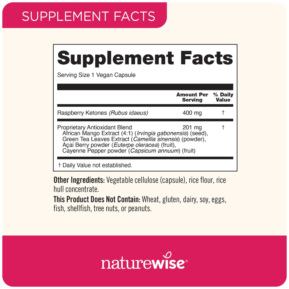 NatureWise Raspberry Ketones Plus capsules close-up indicates simple daily intake