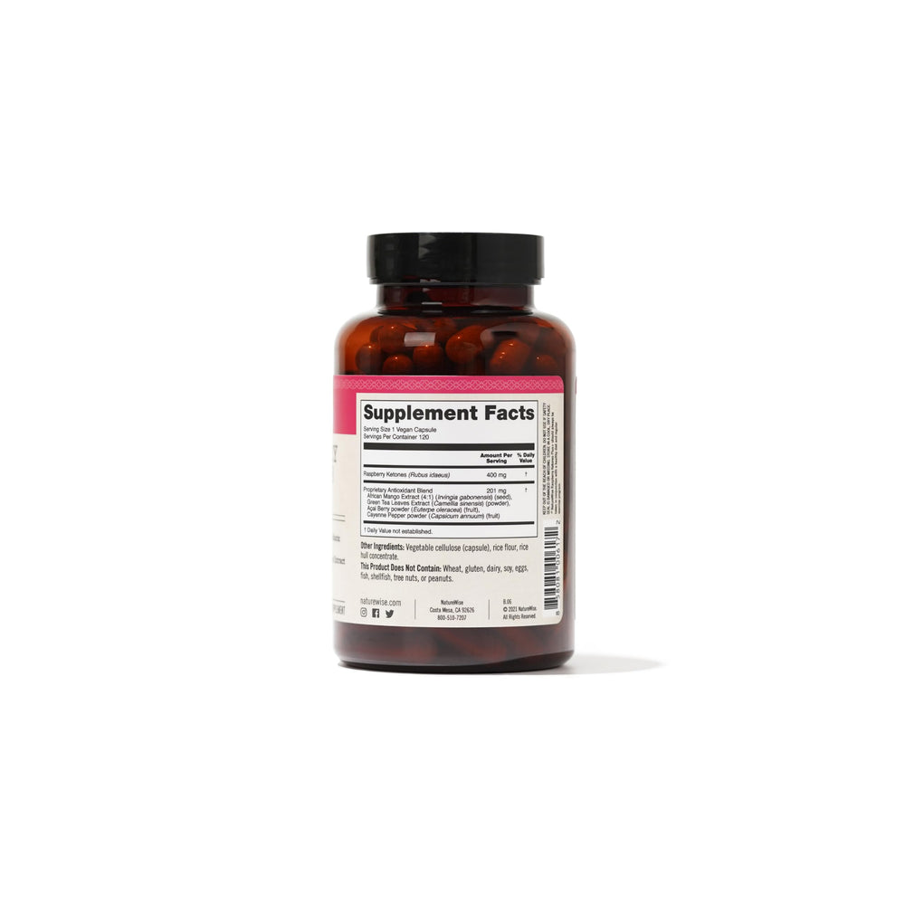 NatureWise Raspberry Ketones Plus packaging highlights vegan and gluten-free quality