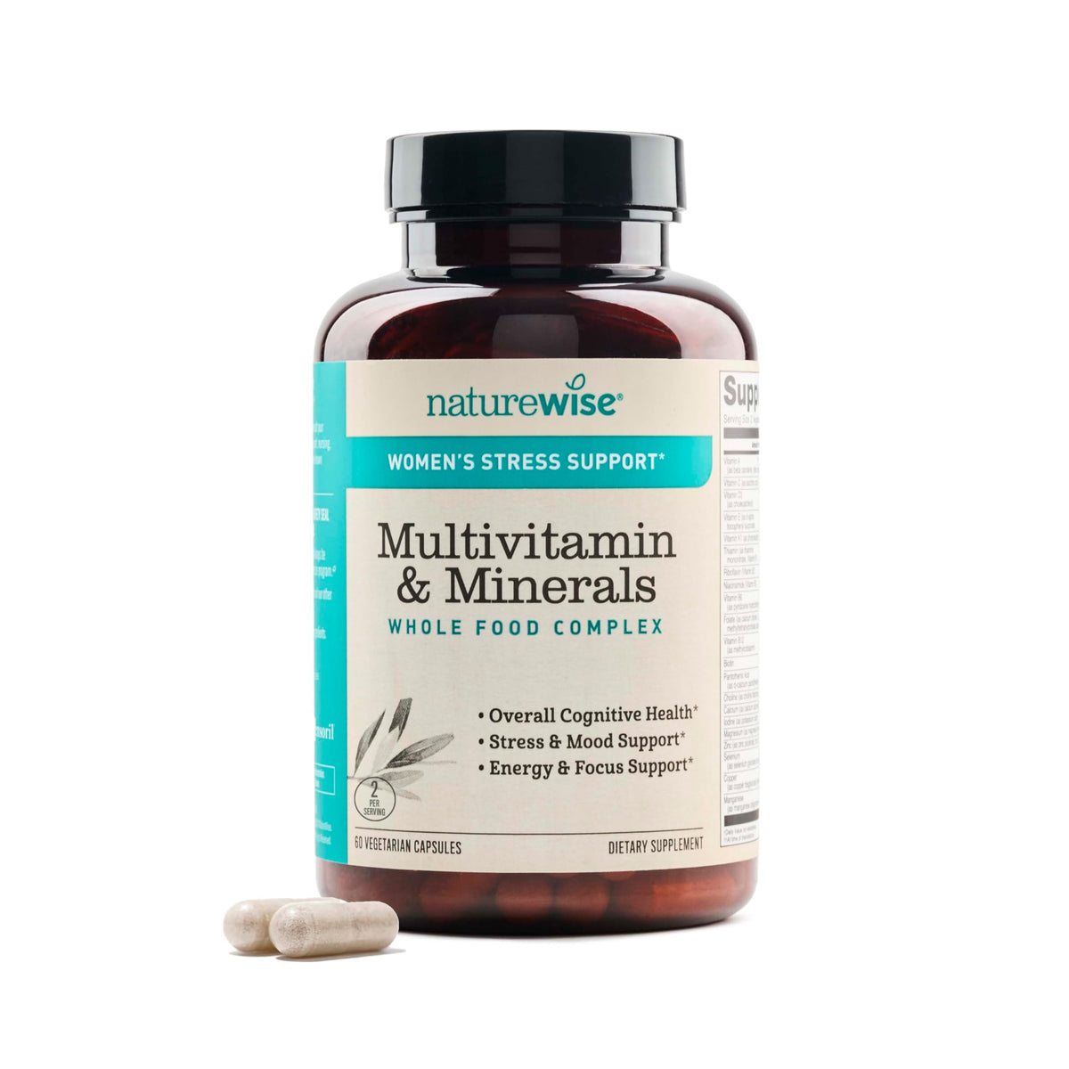 NatureWise Women's Multivitamin stress support bottle on table for daily wellness.