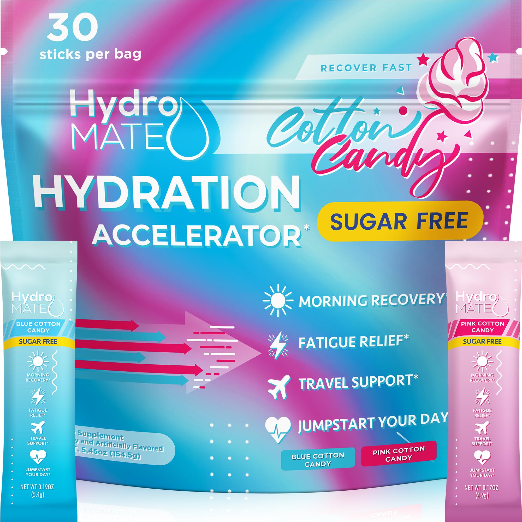 NatureWorks HydroMATE cotton candy electrolyte packets for on-the-go hydration