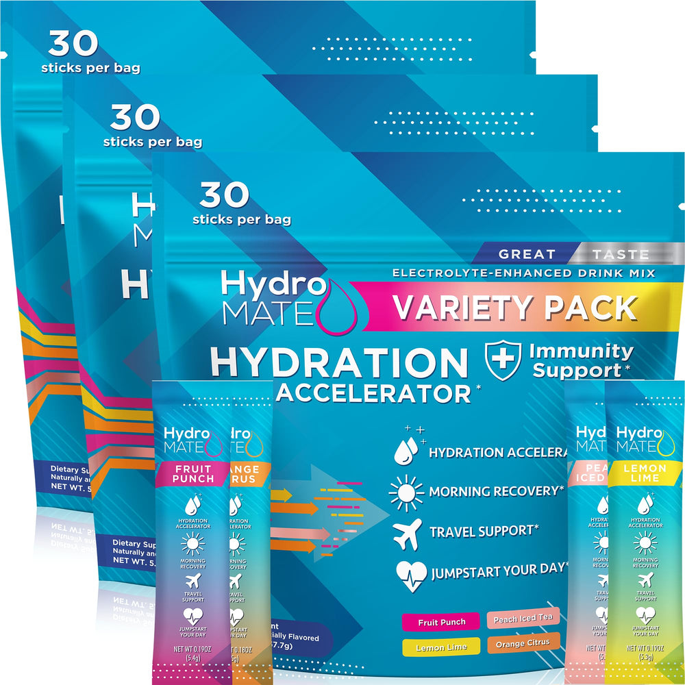 NatureWorks HydroMATE electrolyte packets in a box for on the go hydration.